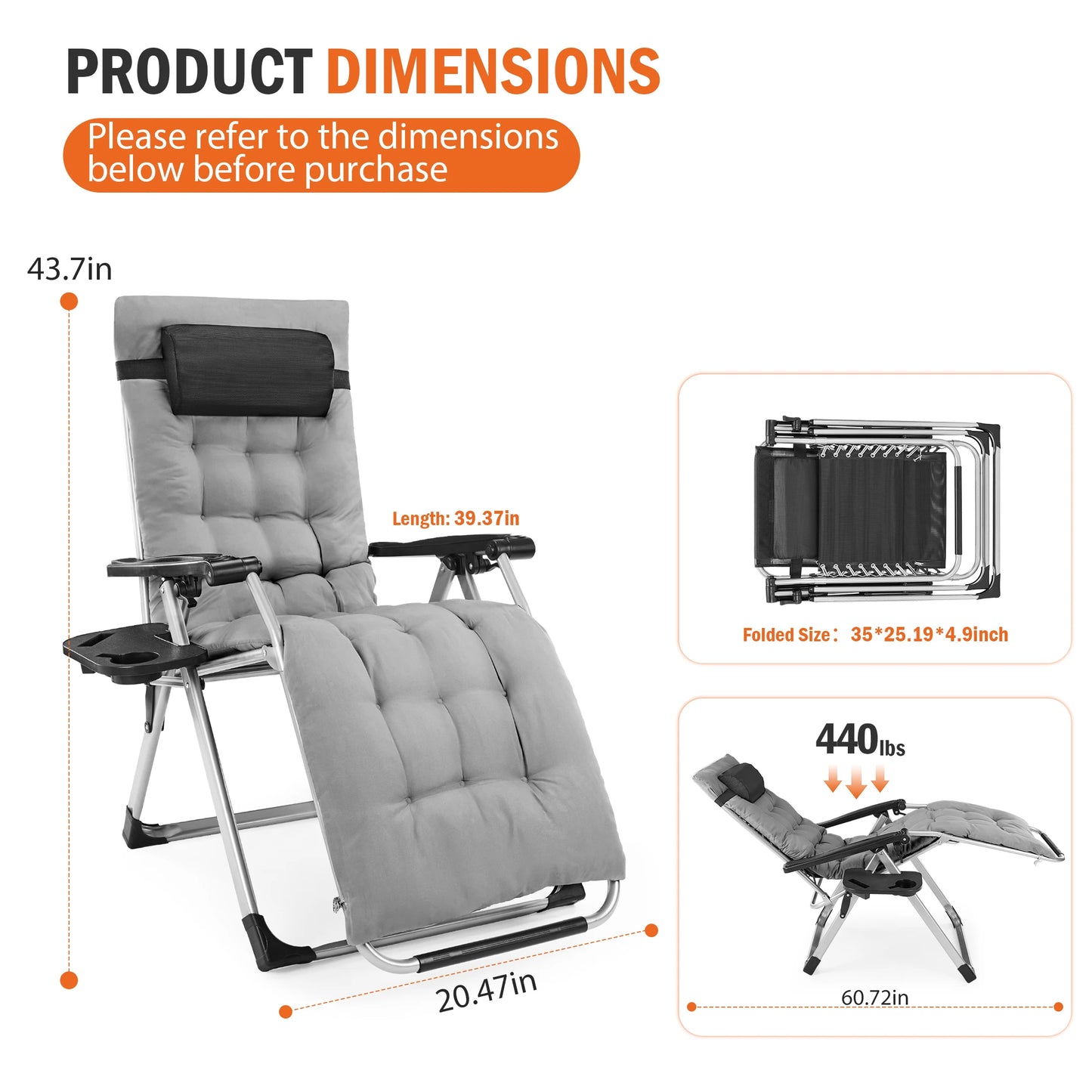 Zero Gravity Reclining Camping Lounge Chair With Cup Holder Trays