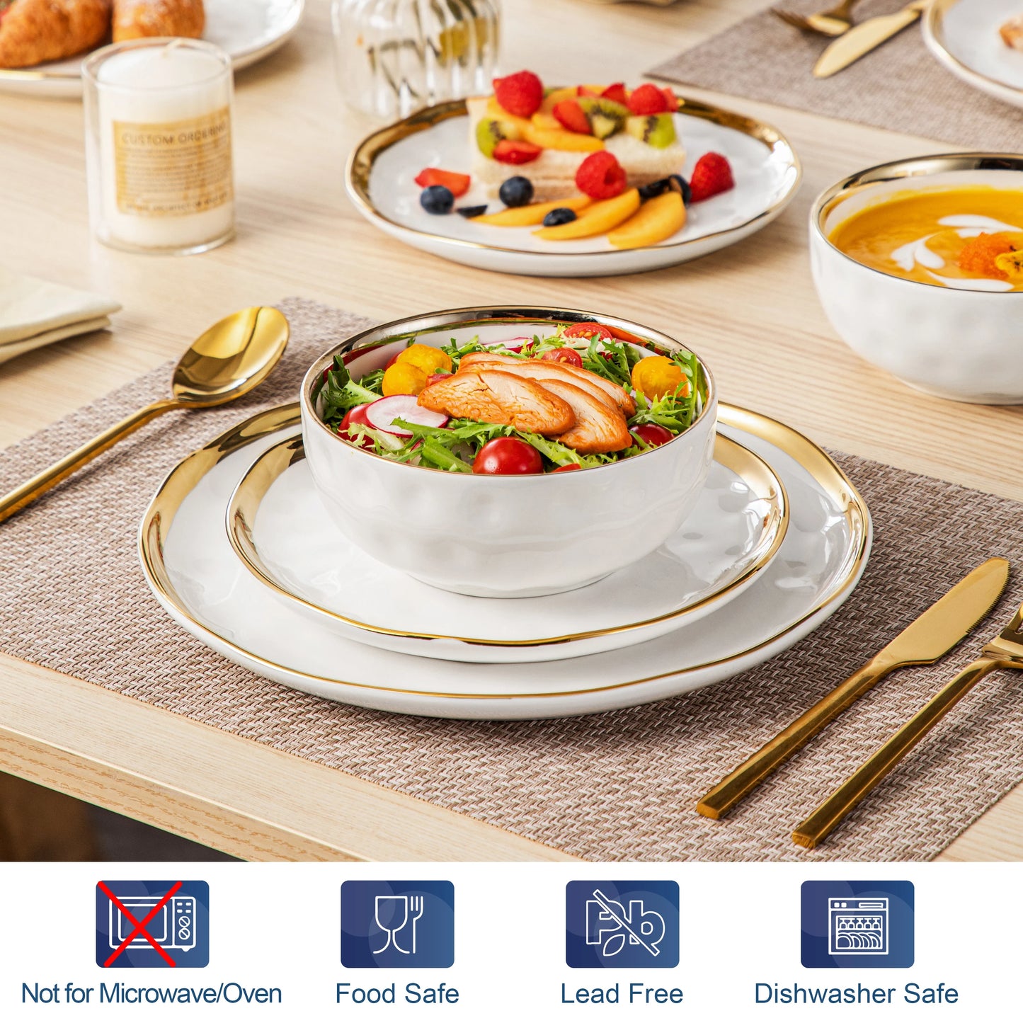 Elegant Ceramic Porcelain Dinnerware Set With Rimmed Plates And Bowls