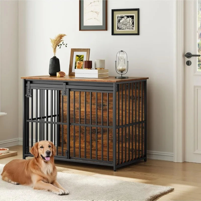 Heavy Duty Durable Dog Crate Table With Sliding Barn Door