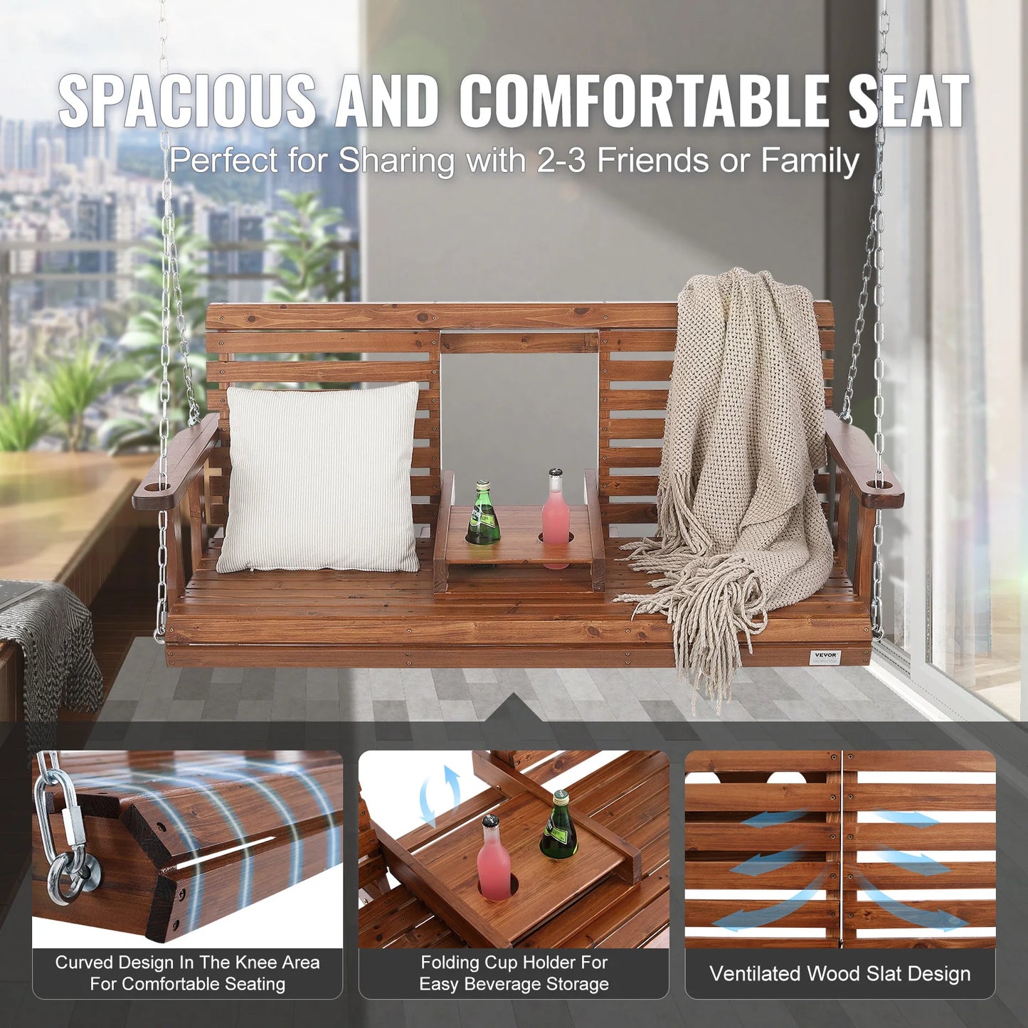 Outdoor Wooden Porch Swing With Cedar Wood And Durable Chains