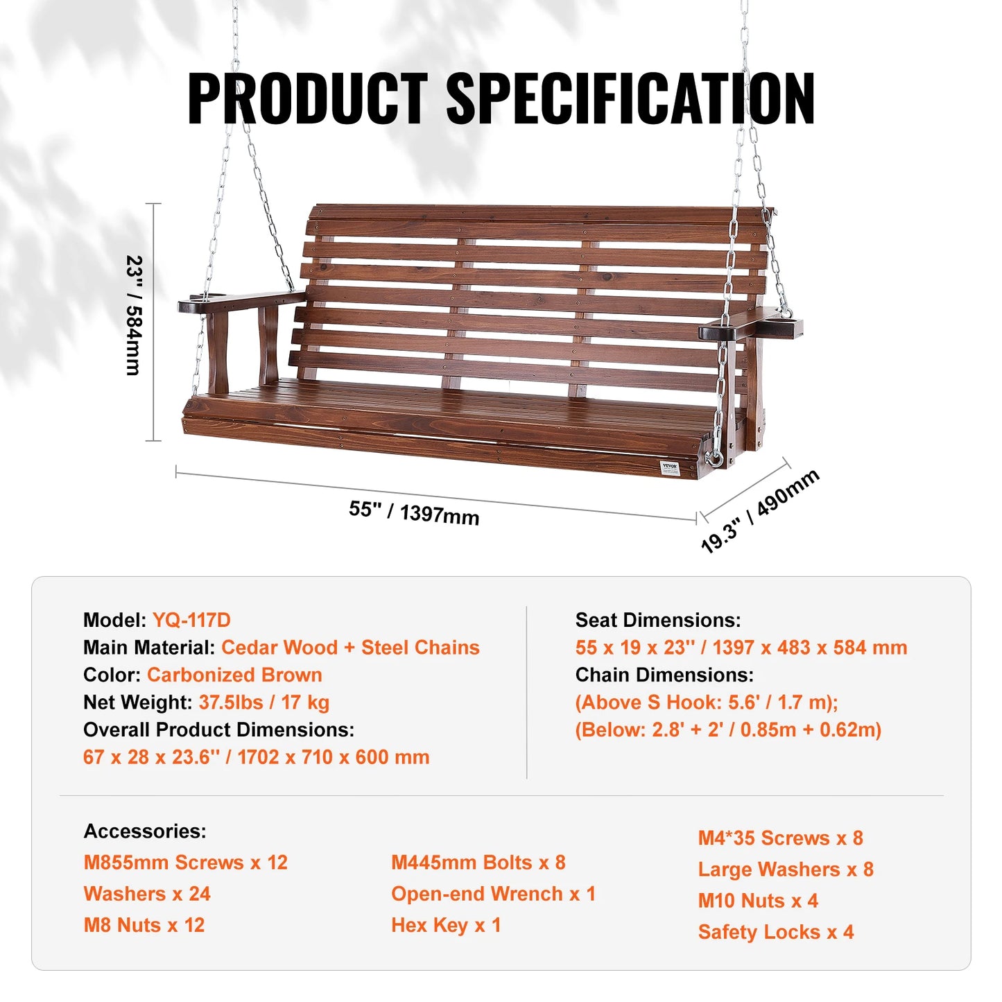 Outdoor Wooden Porch Swing With Cedar Wood And Durable Chains
