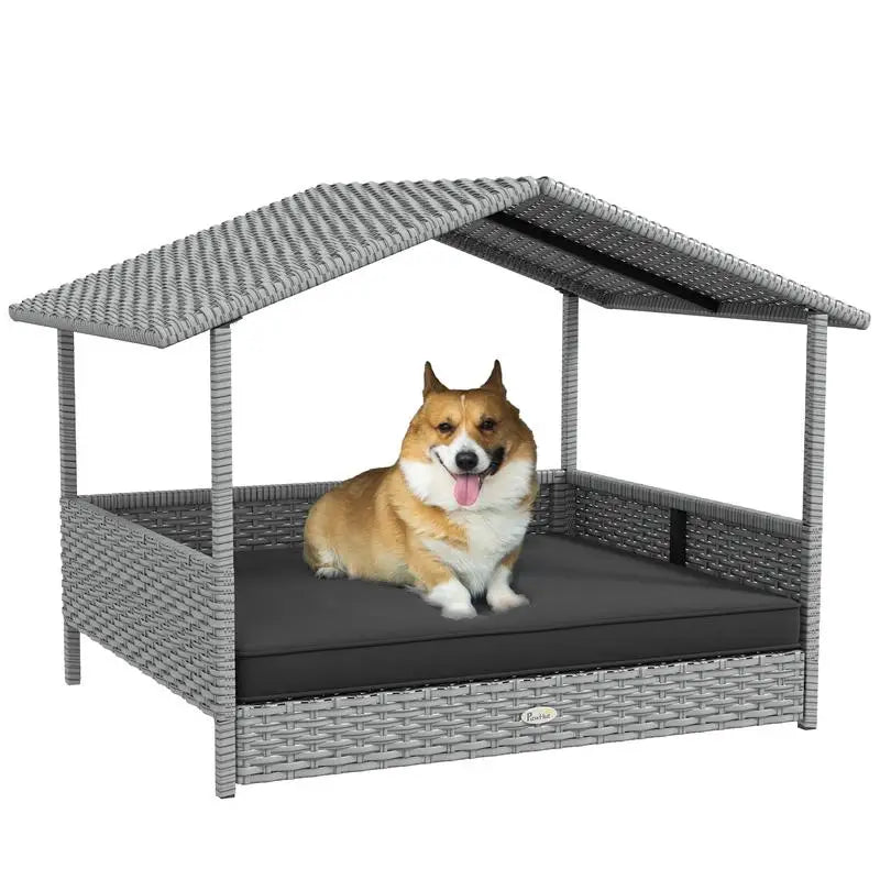 PawHut Wicker Dog House With Canopy Water Resistant Cushion Outdoor