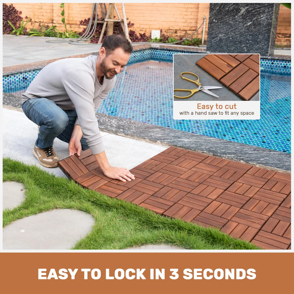20-Piece Acacia Wood Interlocking Deck Tiles – 12" x 12" Checker Pattern