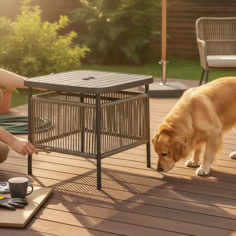 Outdoor Side Table With Umbrella Hole And Storage Shelf