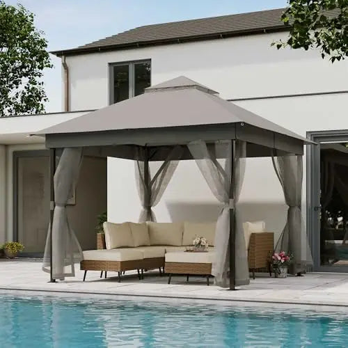 10' x 10' Steel Frame Patio Gazebo with Double Roof &amp; Mesh Netting
