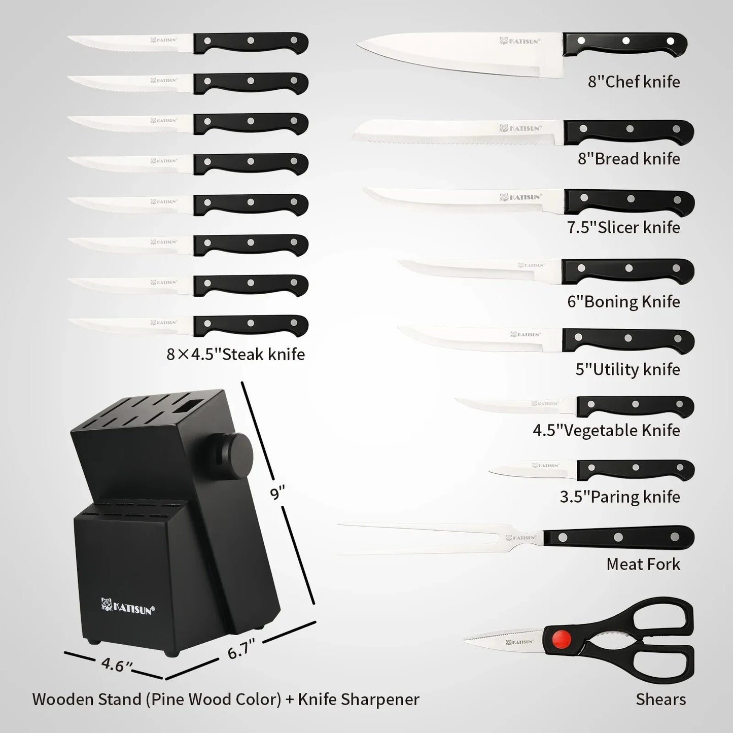 19-Piece Stainless Steel Kitchen Knife Set with Built-In Sharpener