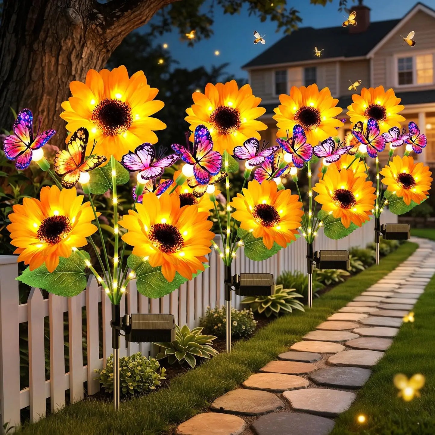 Solar Sunflower Garden Lights With Butterfly Decor For Outdoor Landscapes