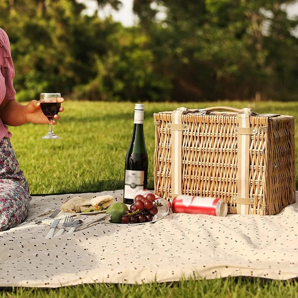 willow picnic basket set for 2 persons with large insulated cooler bag and waterproof picnic blanket, wicker picnic hamper for c