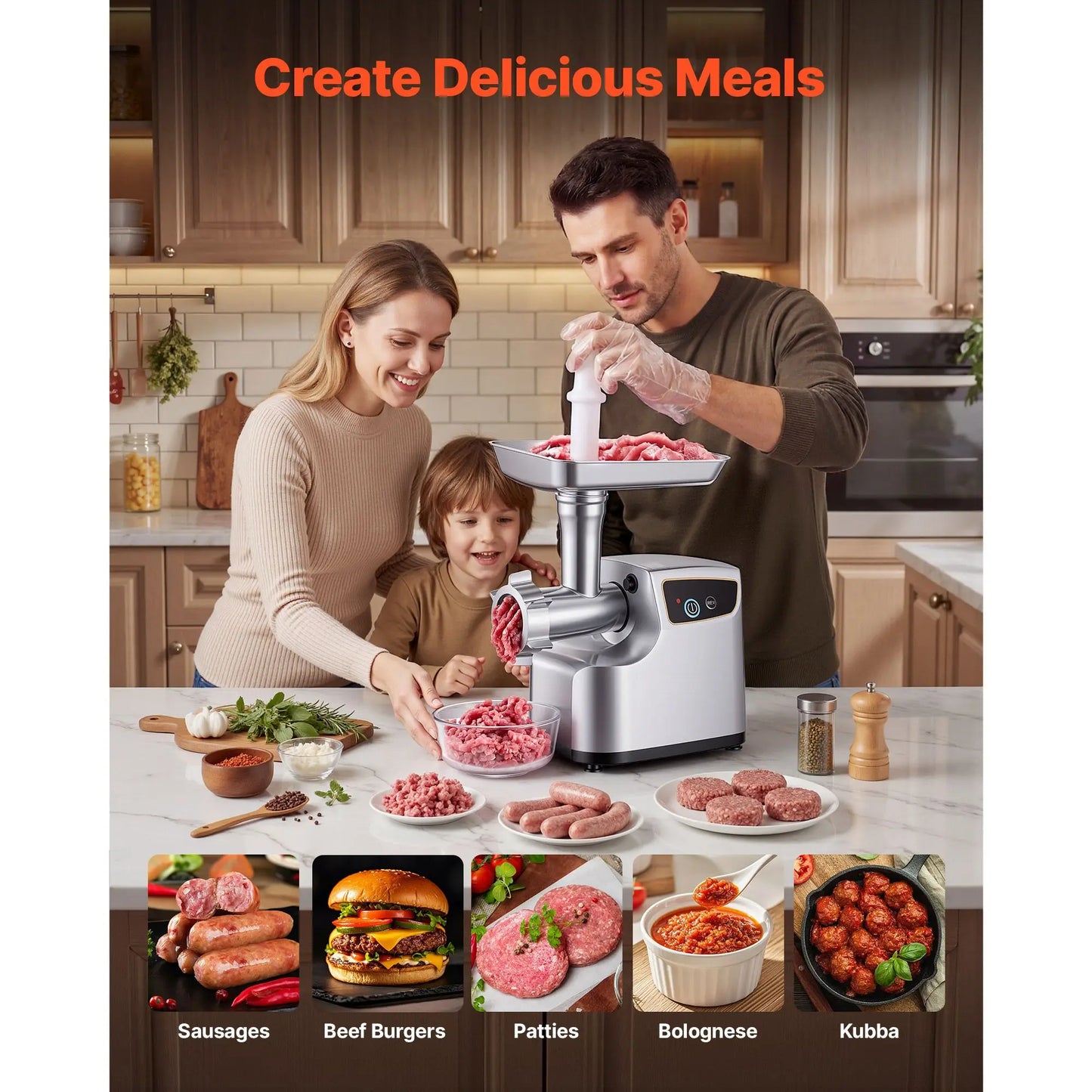 #8 700W Electric Meat Grinder with Sausage and Kubbe Attachments