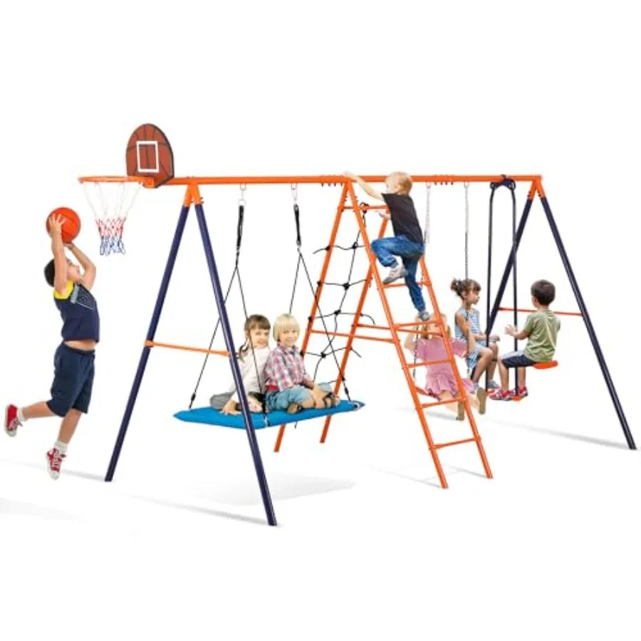 Outdoor Metal Swing Set For Kids With Swings And Trapeze