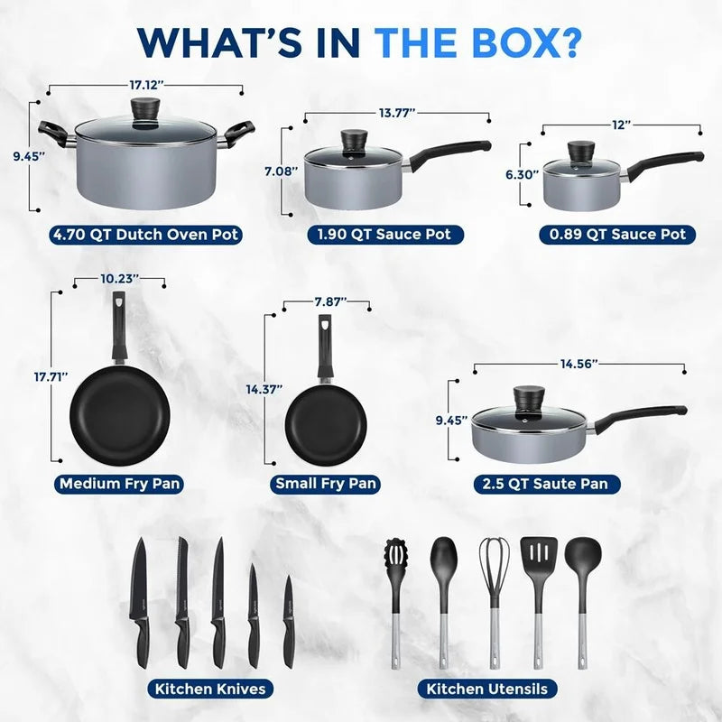 20-Piece Gray Nonstick Cookware, Knife and Utensil Set