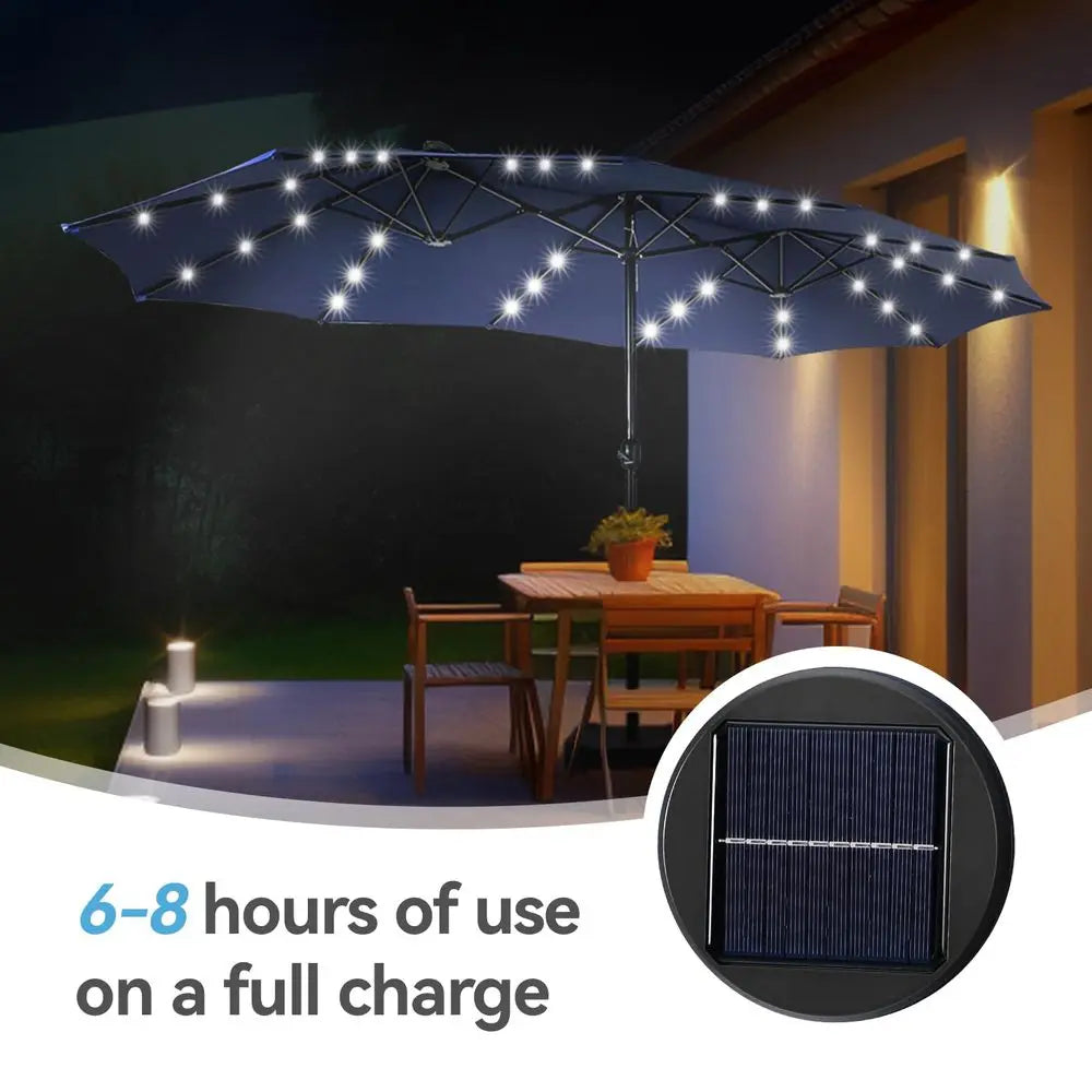 15 x 9 Ft Double-Sided Patio Umbrella with Solar LED Lights and Base