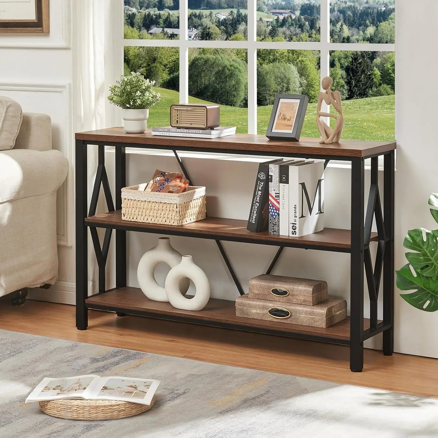 Sofa Console Table With 3 Tier Storage And Open Shelves