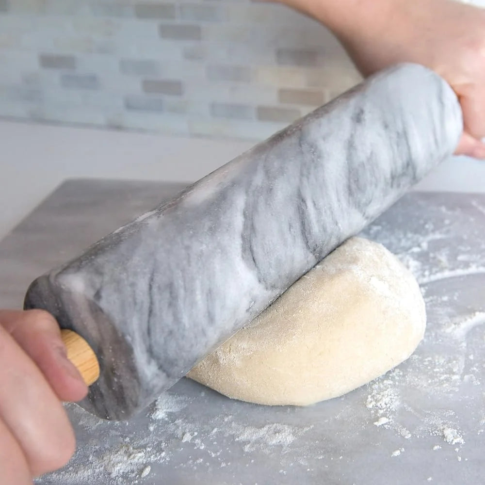 Elegant Marble Rolling Pin With Wooden Cradle Nonstick