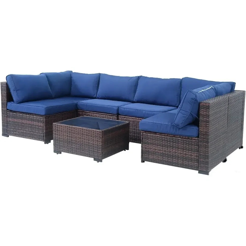 Weatherproof PE Rattan Outdoor Sectional With Glass Table And Cushions