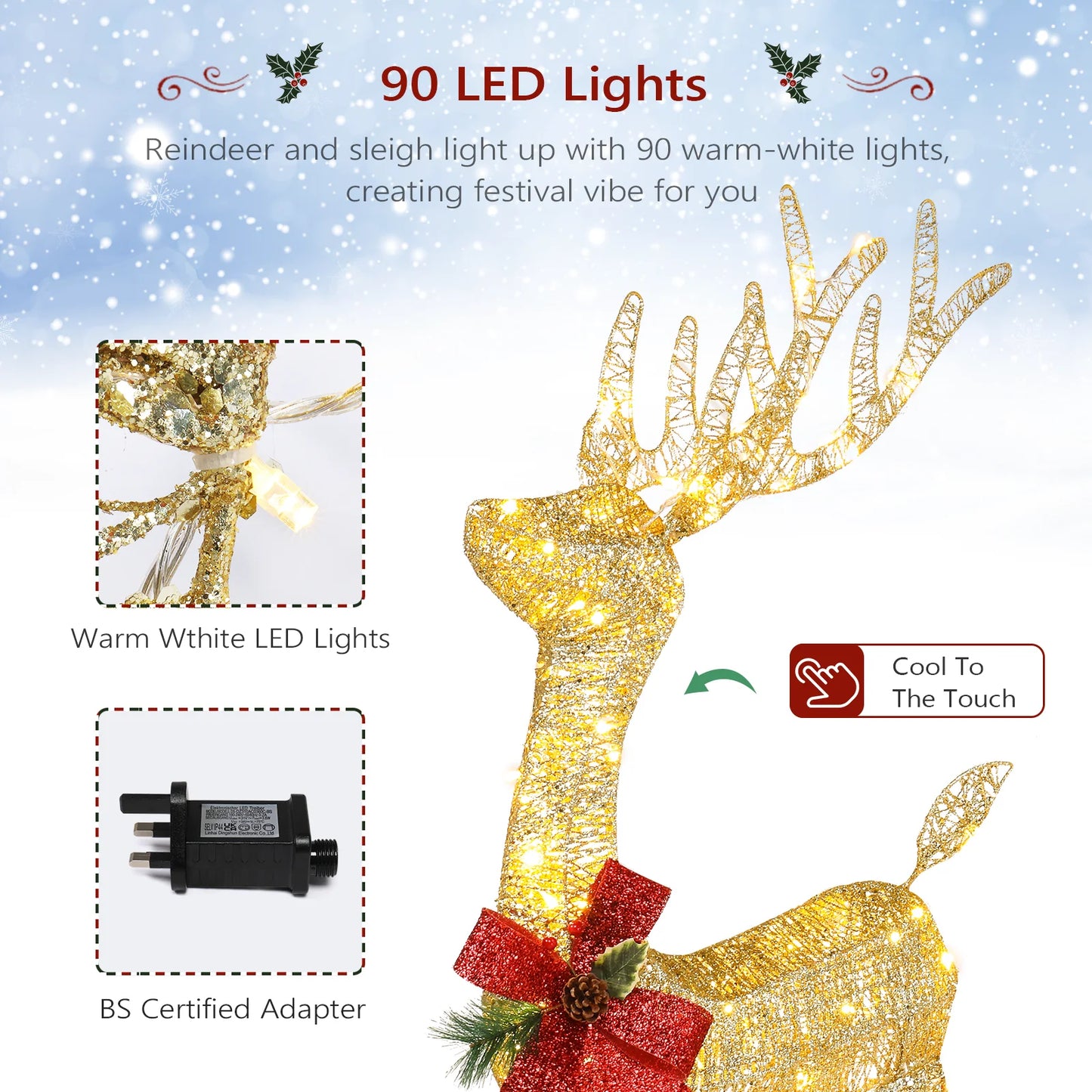 Lighted Christmas Reindeer Outdoor Decorations, Weather Proof 4ft Santa's Sleigh Reindeer Christmas Ornament Indoor Home Decor
