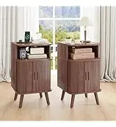 Mid Century Modern Fluted Nightstand with Sliding Tambour Doors