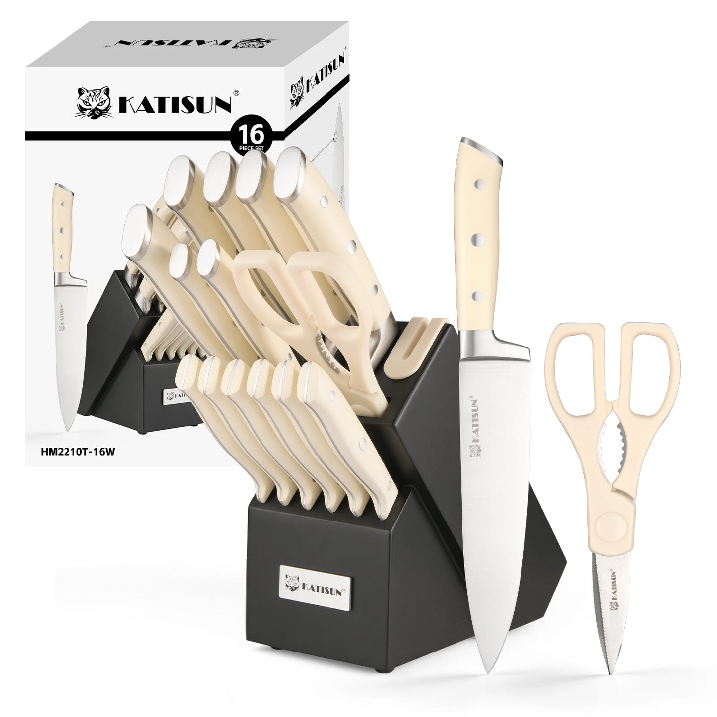 16-Piece Carbon Steel Kitchen Knife Set with Built-In Sharpener