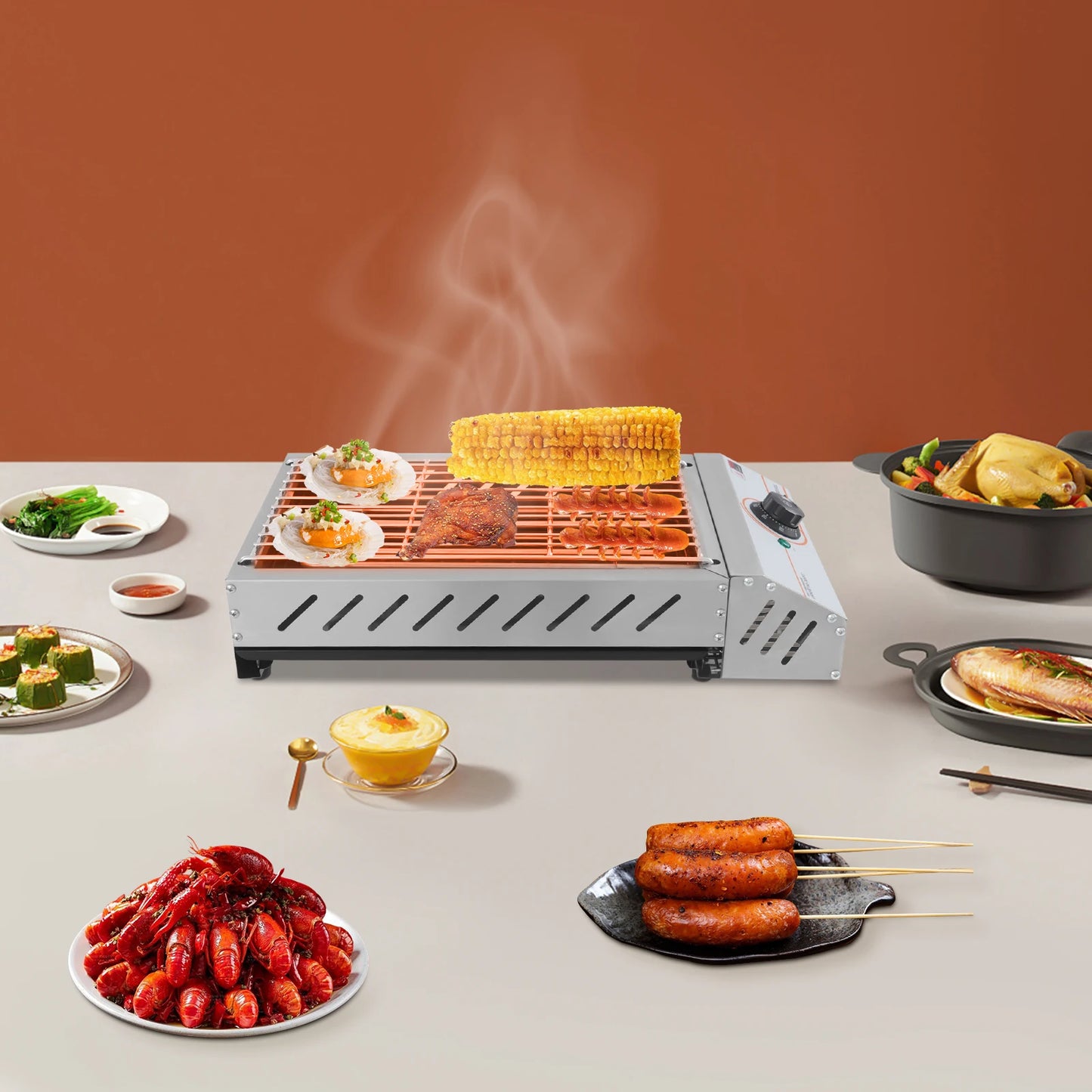 1800W Stainless Steel Electric Tabletop Grill with Adjustable Temperature Control