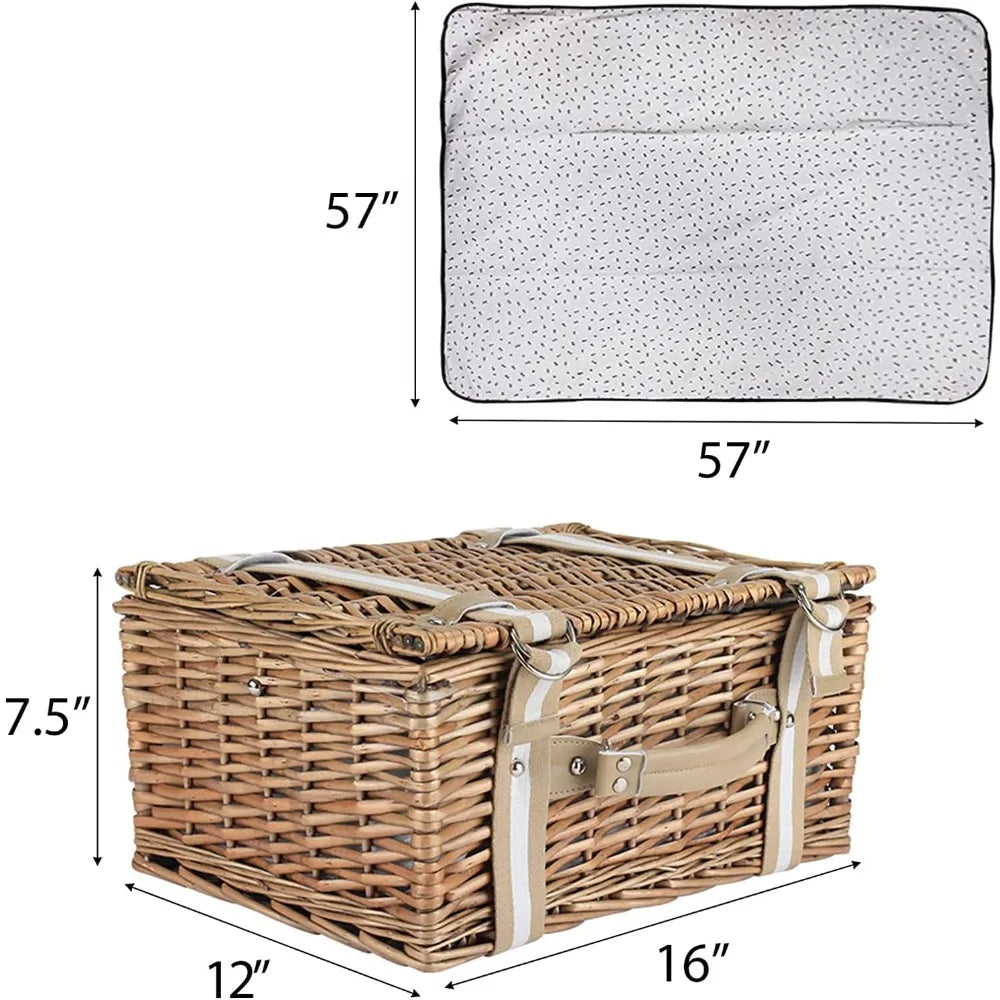 willow picnic basket set for 2 persons with large insulated cooler bag and waterproof picnic blanket, wicker picnic hamper for c