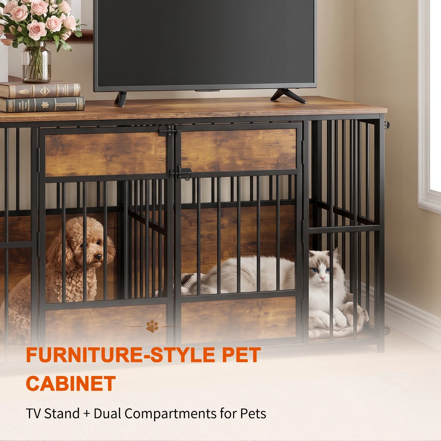 47.2-Inch Double Dog Crate Furniture with Storage Drawers and Tabletop