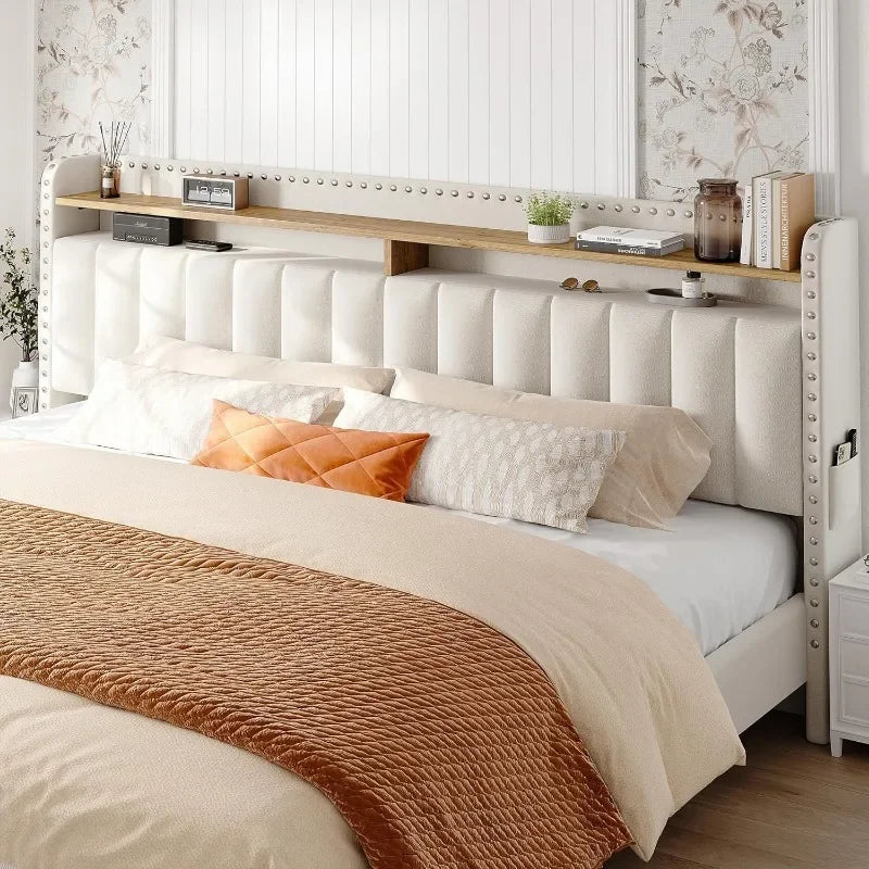 Upholstered Bed Frame With Storage Drawers And Tall Headboard