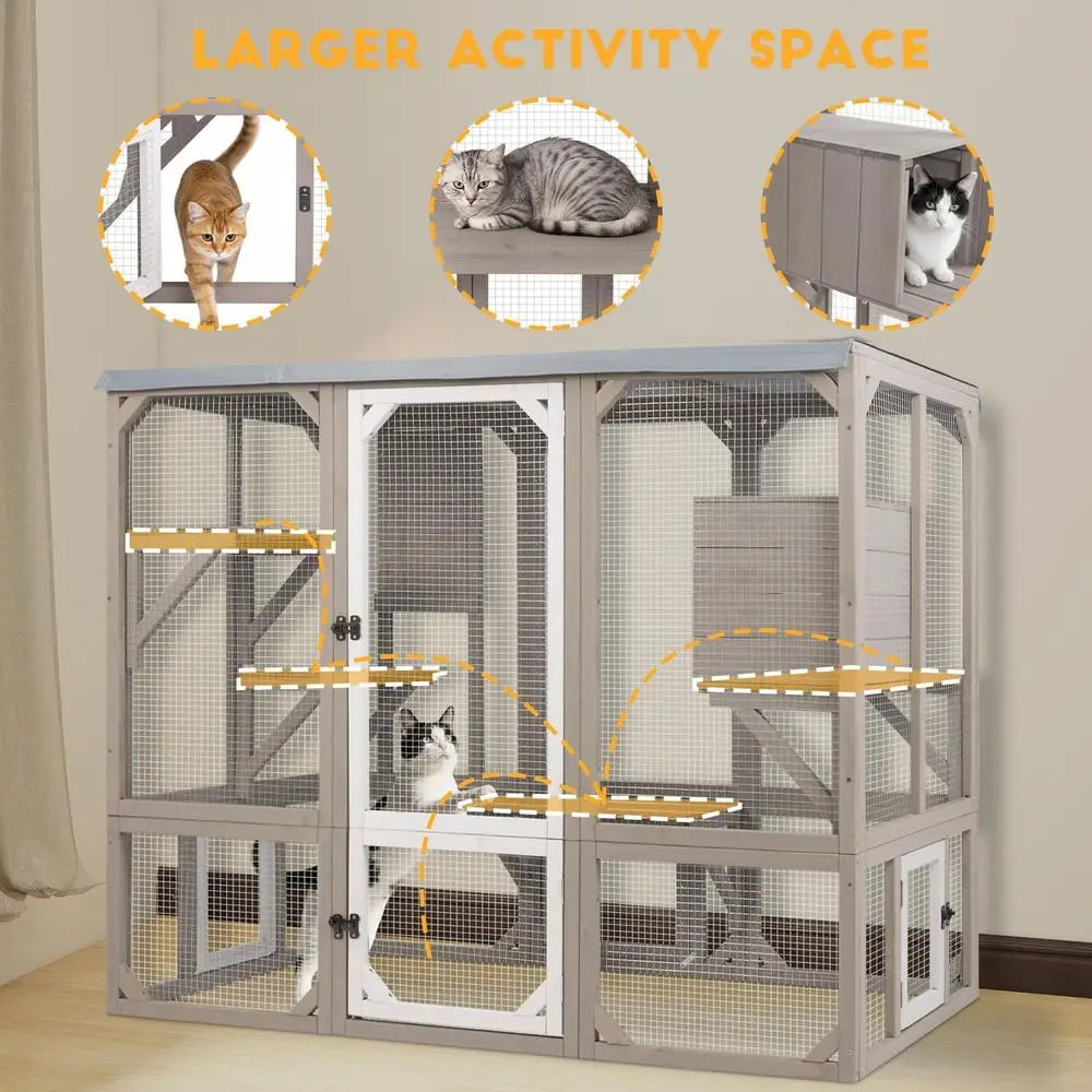 Wooden Outdoor Cat Catio with Platforms &amp; Resting Box