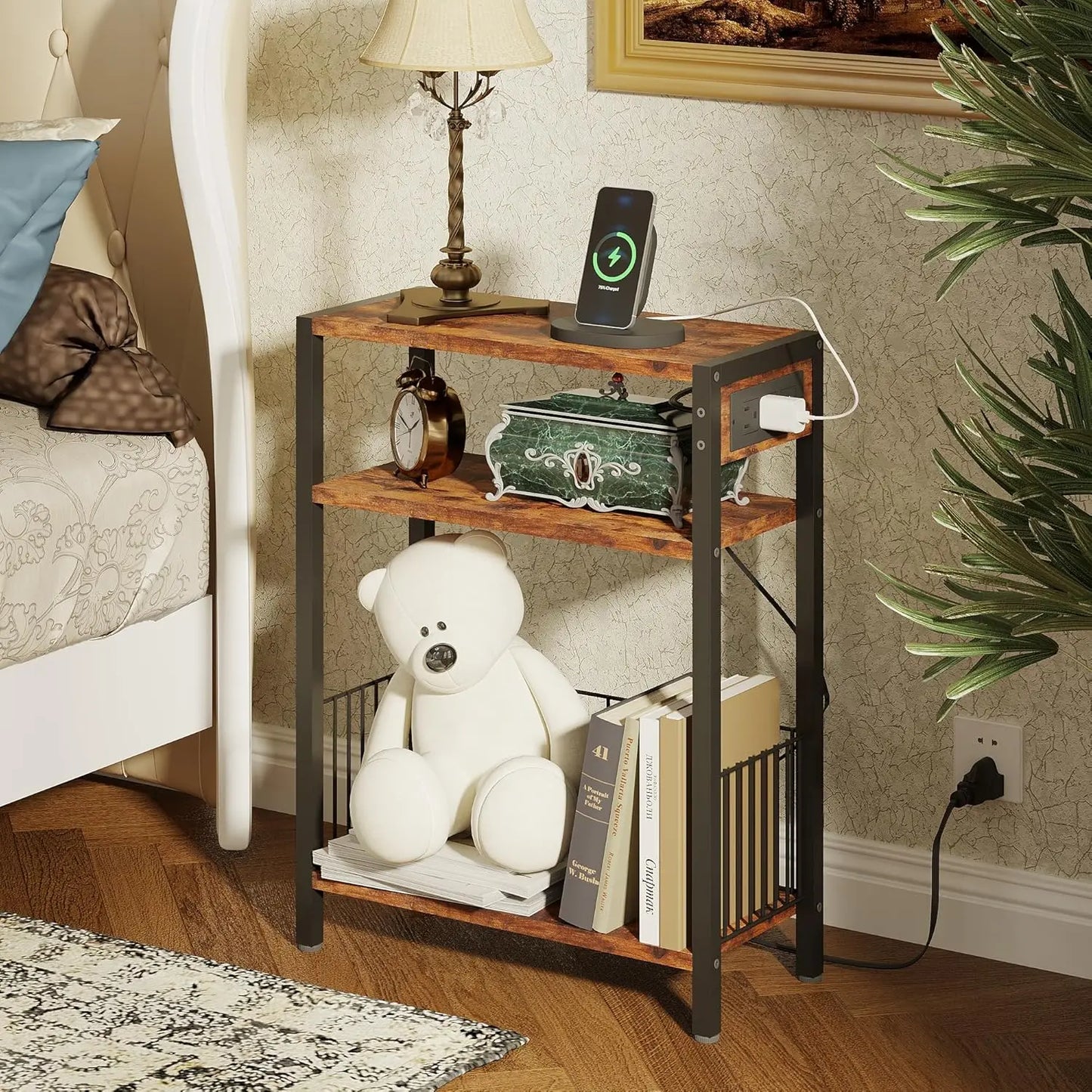 Narrow Side Table Set with Charging Station and Storage Basket