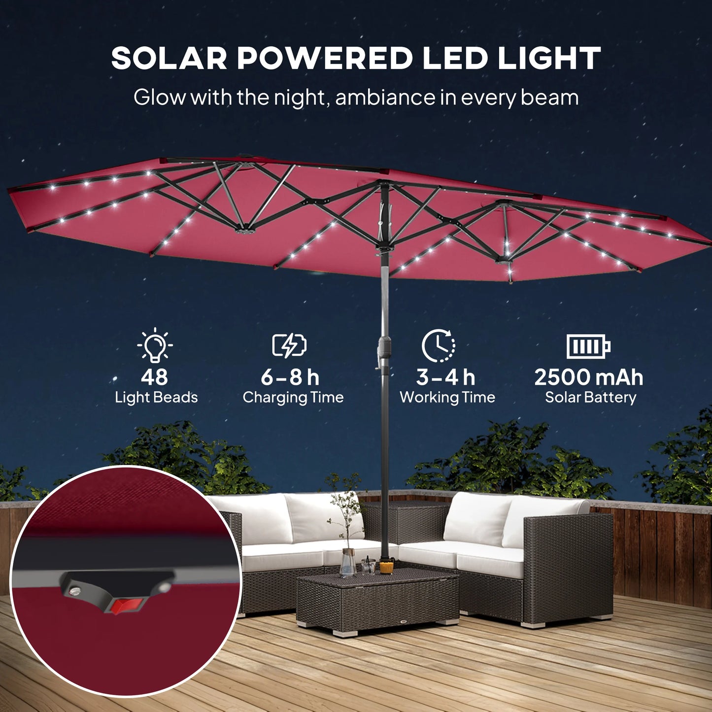 15-Foot Double-Sided Solar LED Patio Umbrella – Wine Red
