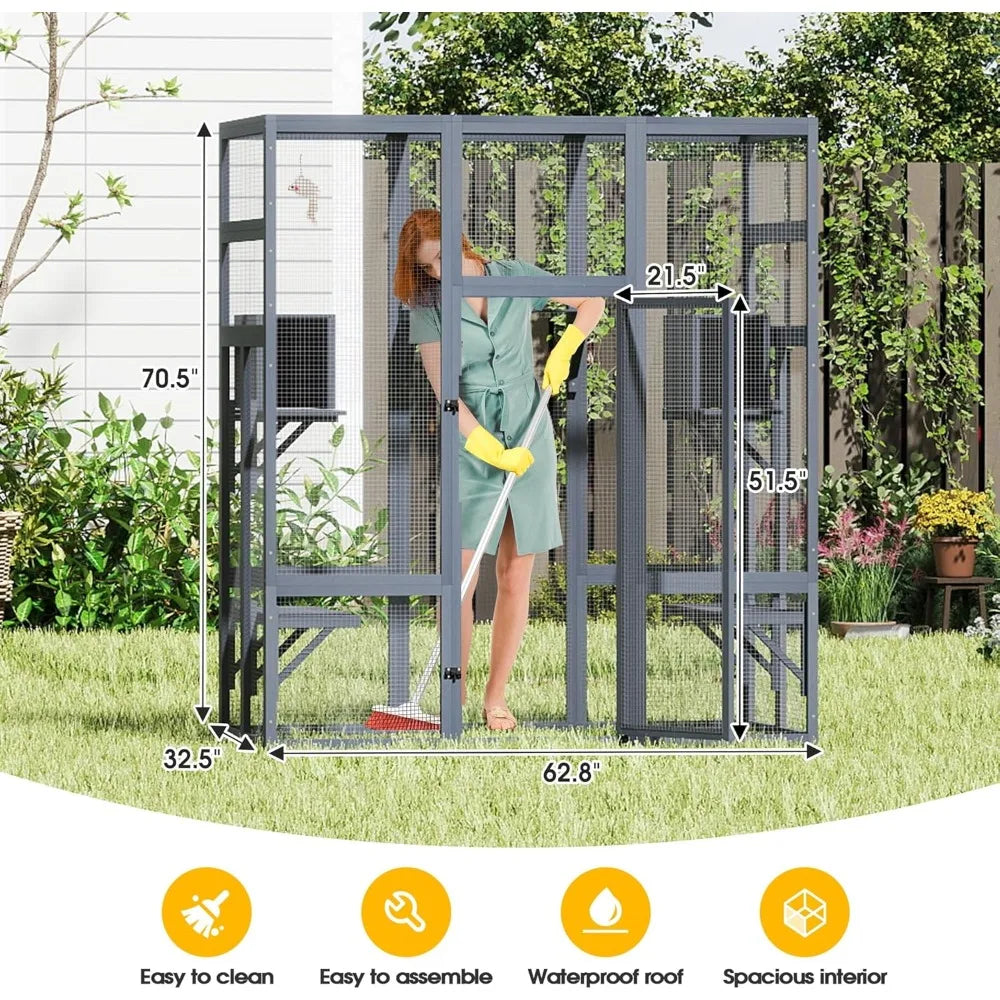 Outdoor Wooden Catio Enclosure With Waterproof Roof And Perches