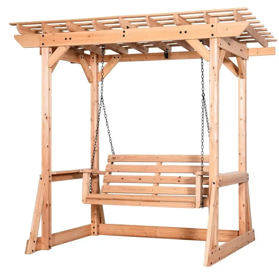 Cedar Wood Outdoor Patio Swing Bench With Trellis For Two