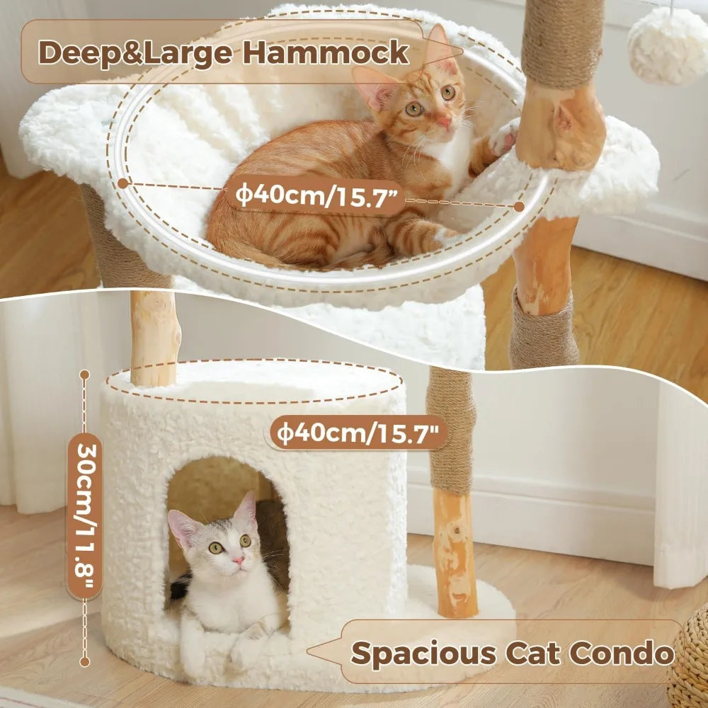 Modern Cat Tree with Natural Wood Scratching Post and Hammock