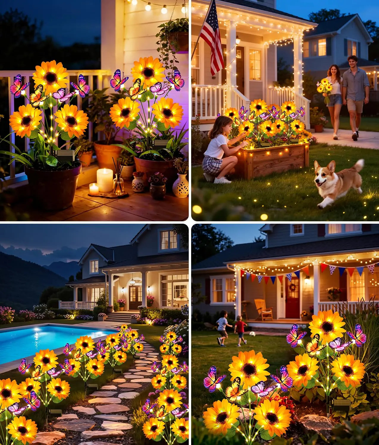 Solar Sunflower Garden Lights With Butterfly Decor For Outdoor Landscapes