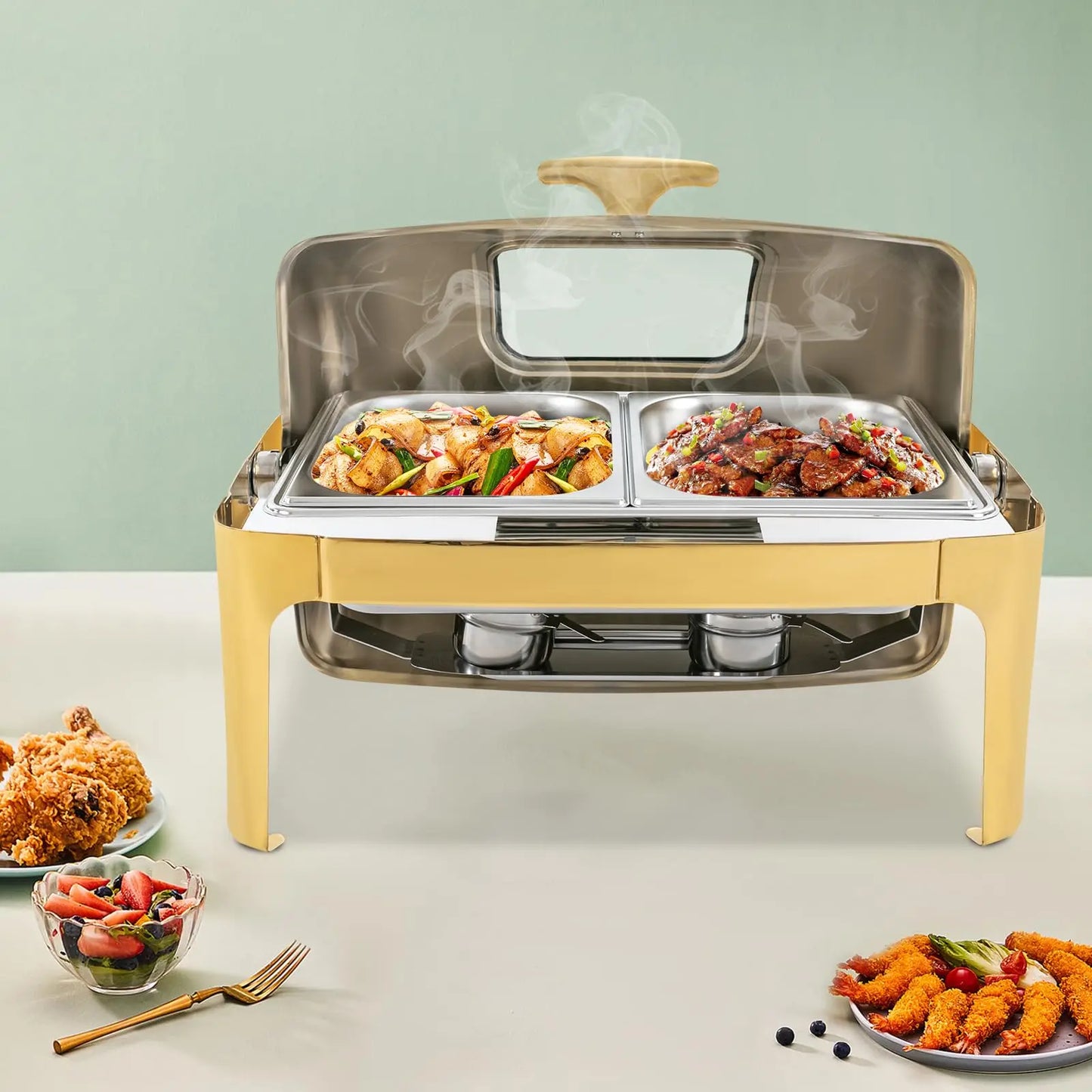 Roll Top Chafing Dish Buffet Set,9.5 Qt Rectangular Chafing Dish,9L Stainless Steel Buffet Warmer for Hotels, Buffets,Restaurant