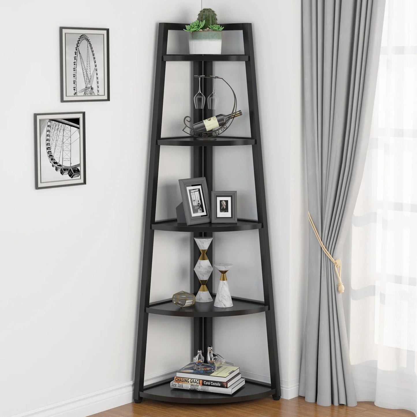 Modern Industrial Corner Ladder Shelf For Books Plants Decor