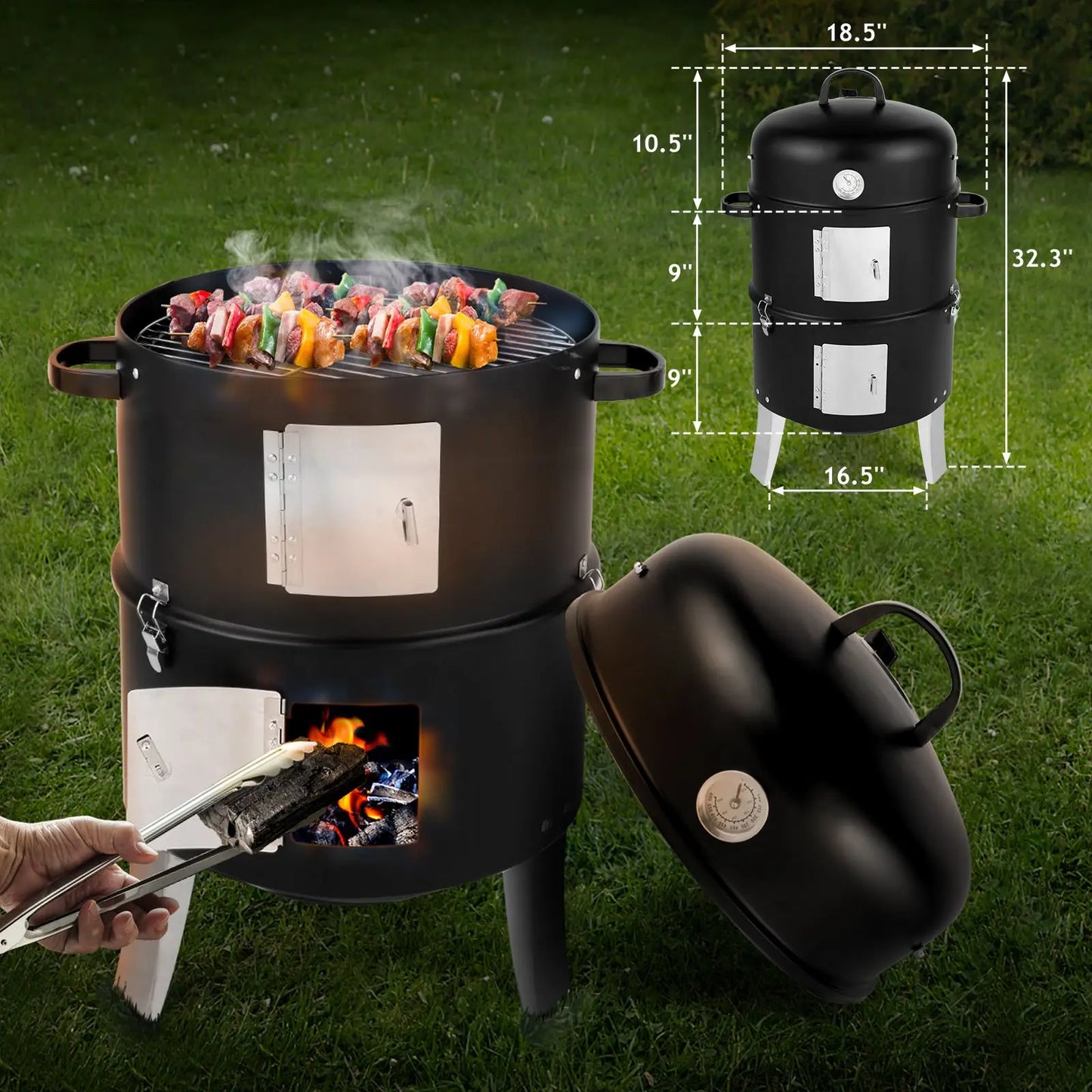 Vertical Charcoal Smoker & BBQ Grill with Dual Cooking Grates