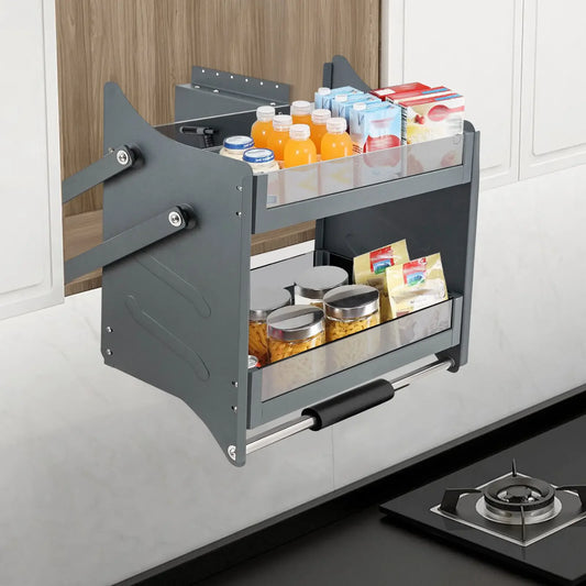 Pull-Down Cabinet Shelf 2-Tier Drop Down Lift Tempered Glass Kitchen Organizer Adjustable Load 26lbs for Upper Cabinets