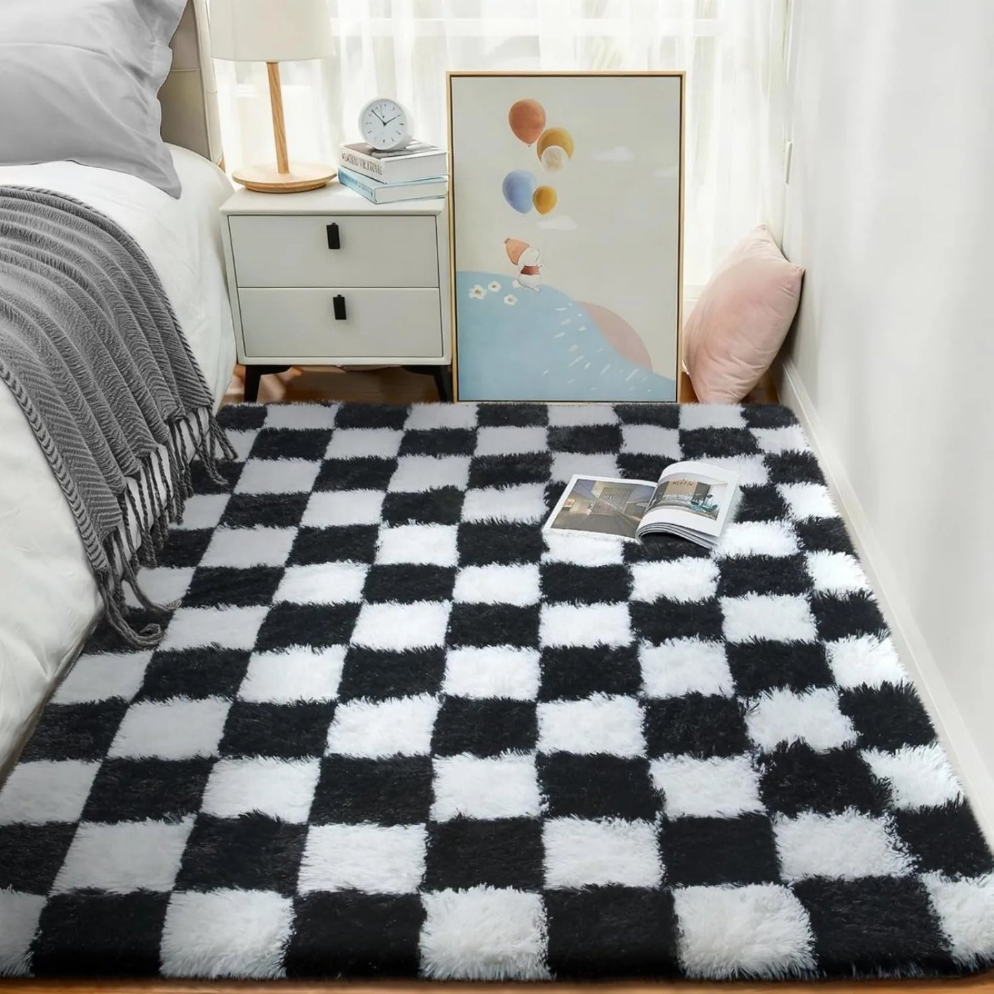 Checkered Shag Rug for Living Room Non Slip High Pile