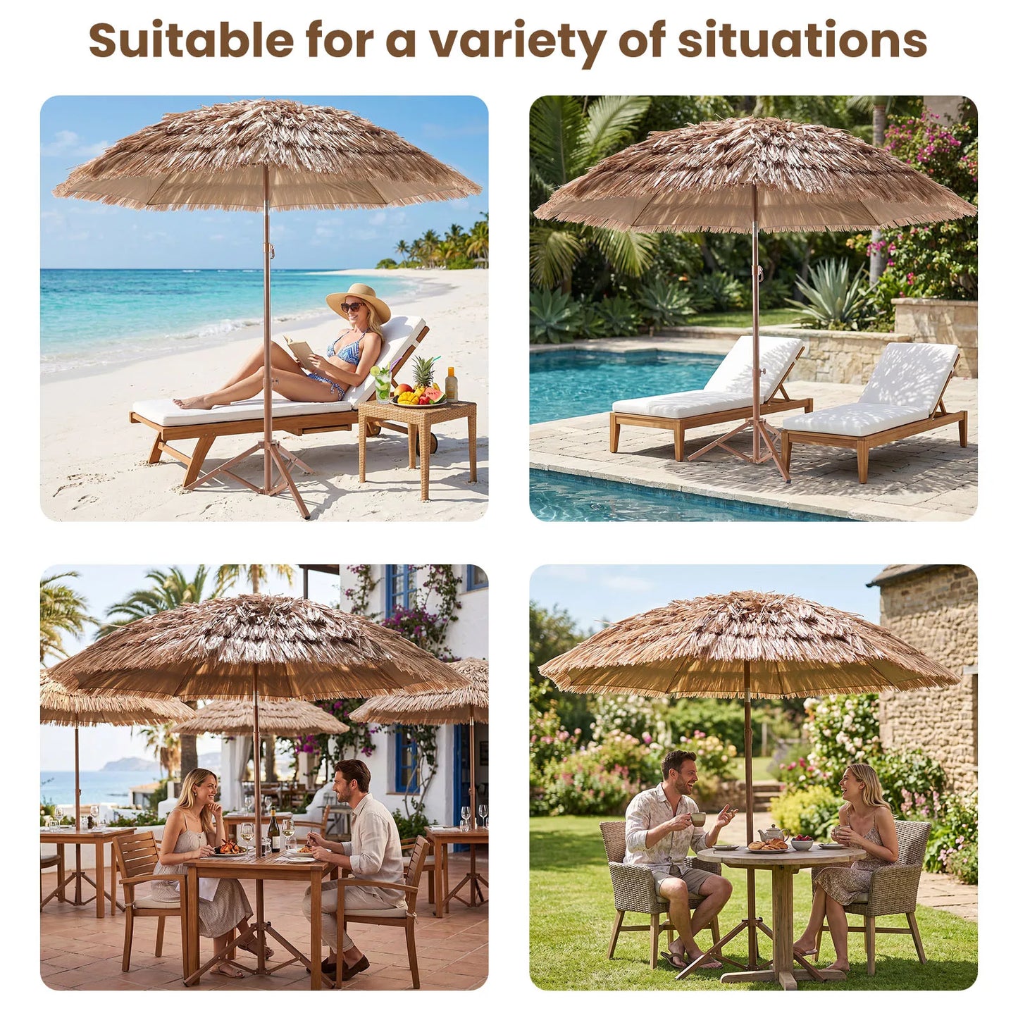 Hawaiian Straw Umbrella With Tilt Adjustment UPF 50 UV Protection
