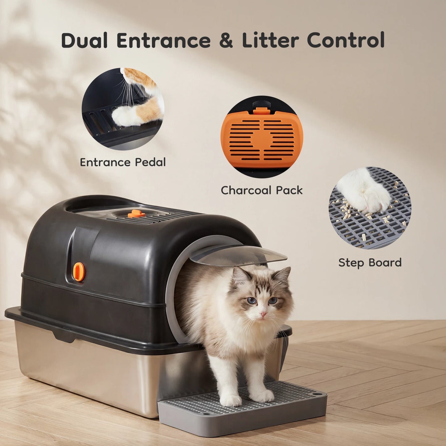 Stainless Steel Enclosed Cat Litter Box With Scoop And Mat