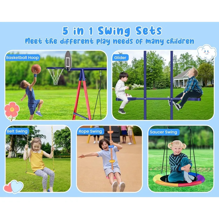 Heavy Duty Metal Swing Set With Rope Swing Glider Hoop
