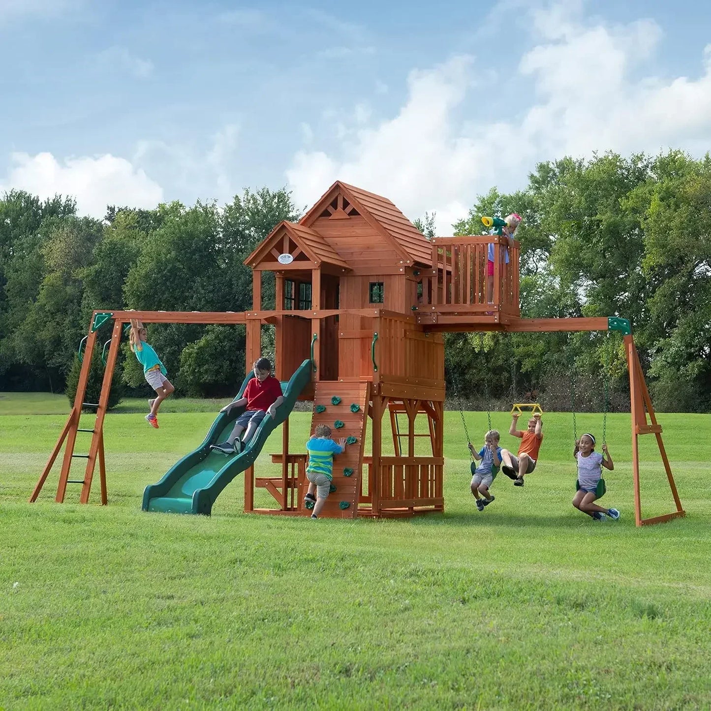 Cedar Wood Swing Set With Wave Slide And Clubhouse Adventure