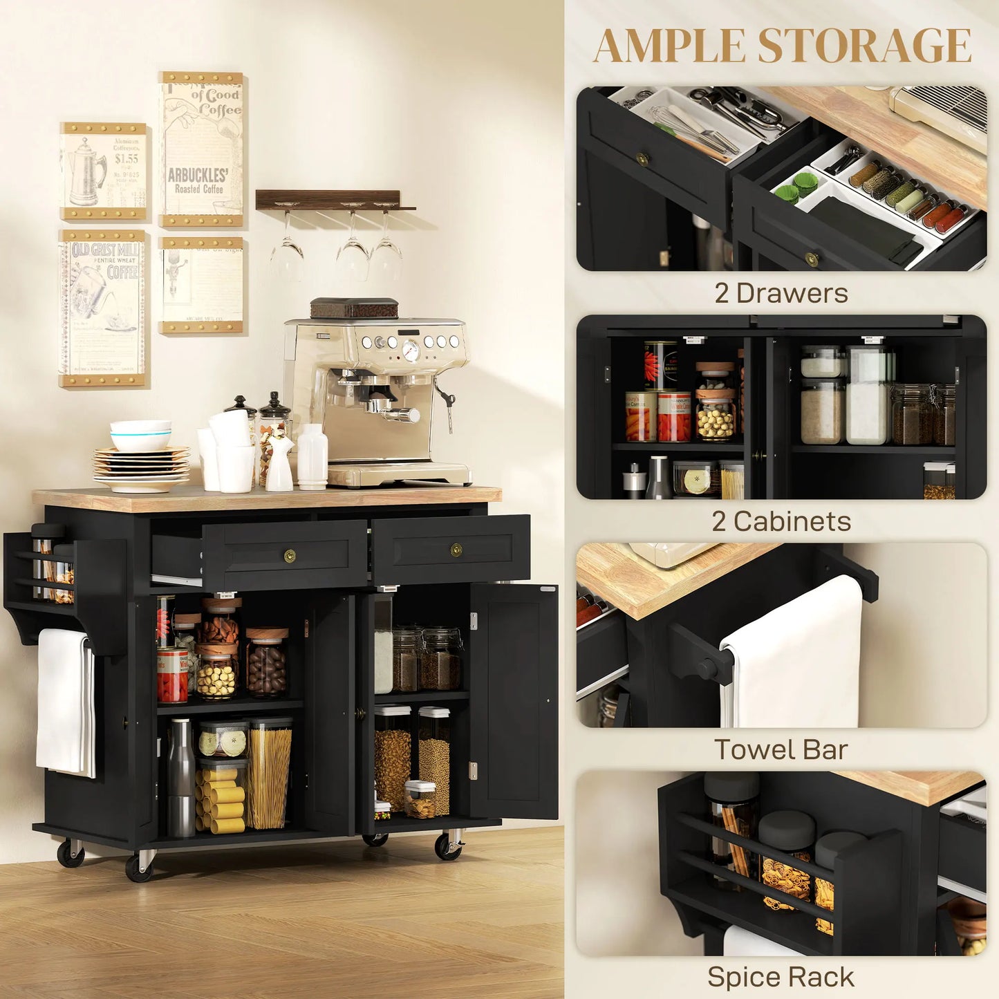 44-Inch Rolling Kitchen Island with Wood Top and Storage – Black