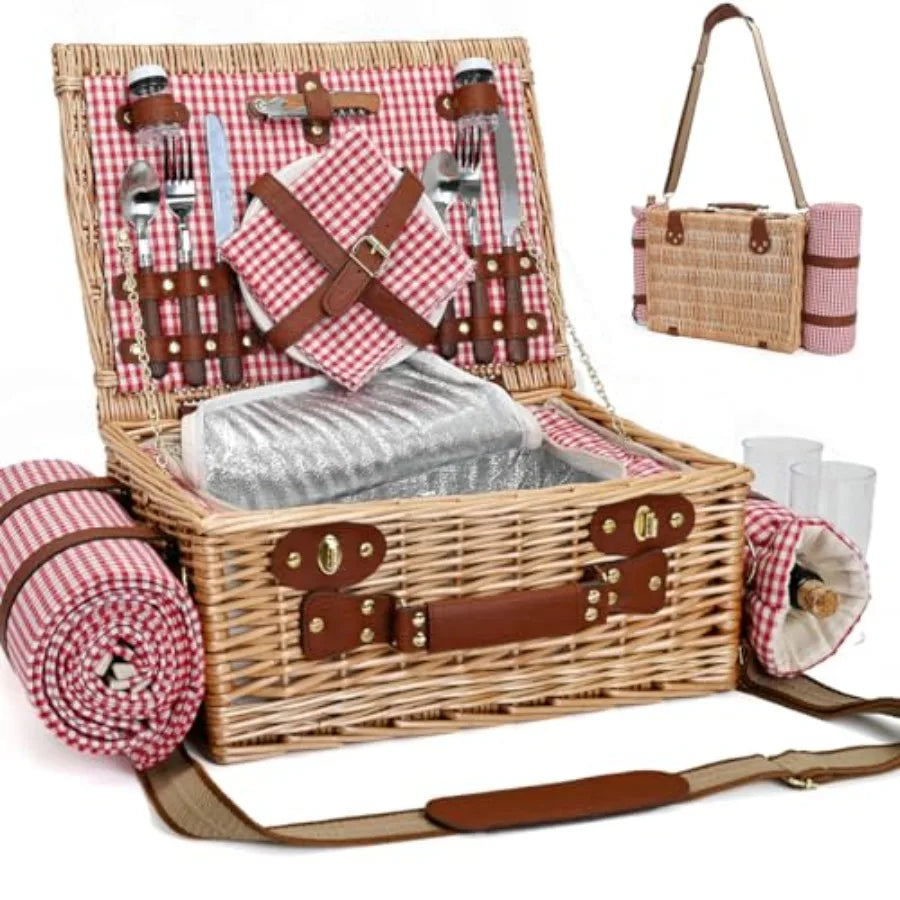 Wicker Picnic Basket for Two with Blanket & Wine Pouch | Outdoor Picnic Set
