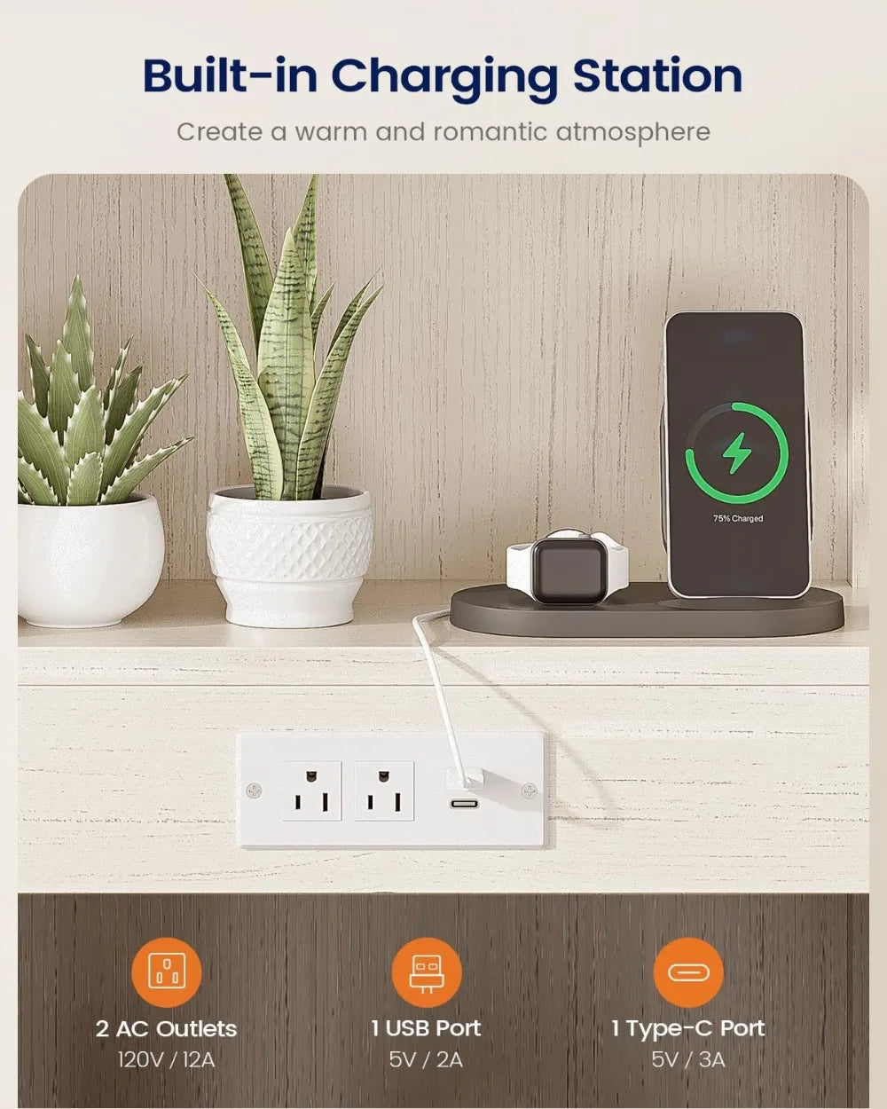 Farmhouse Nightstand Set With Charging Station And LED Lights