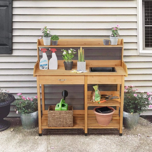 Outdoor Garden Potting Bench With Sink And Open Shelves