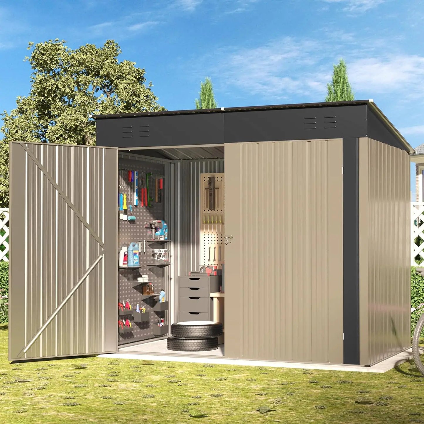 Metal Shed With Sloping Roof Lockable Doors Waterproof