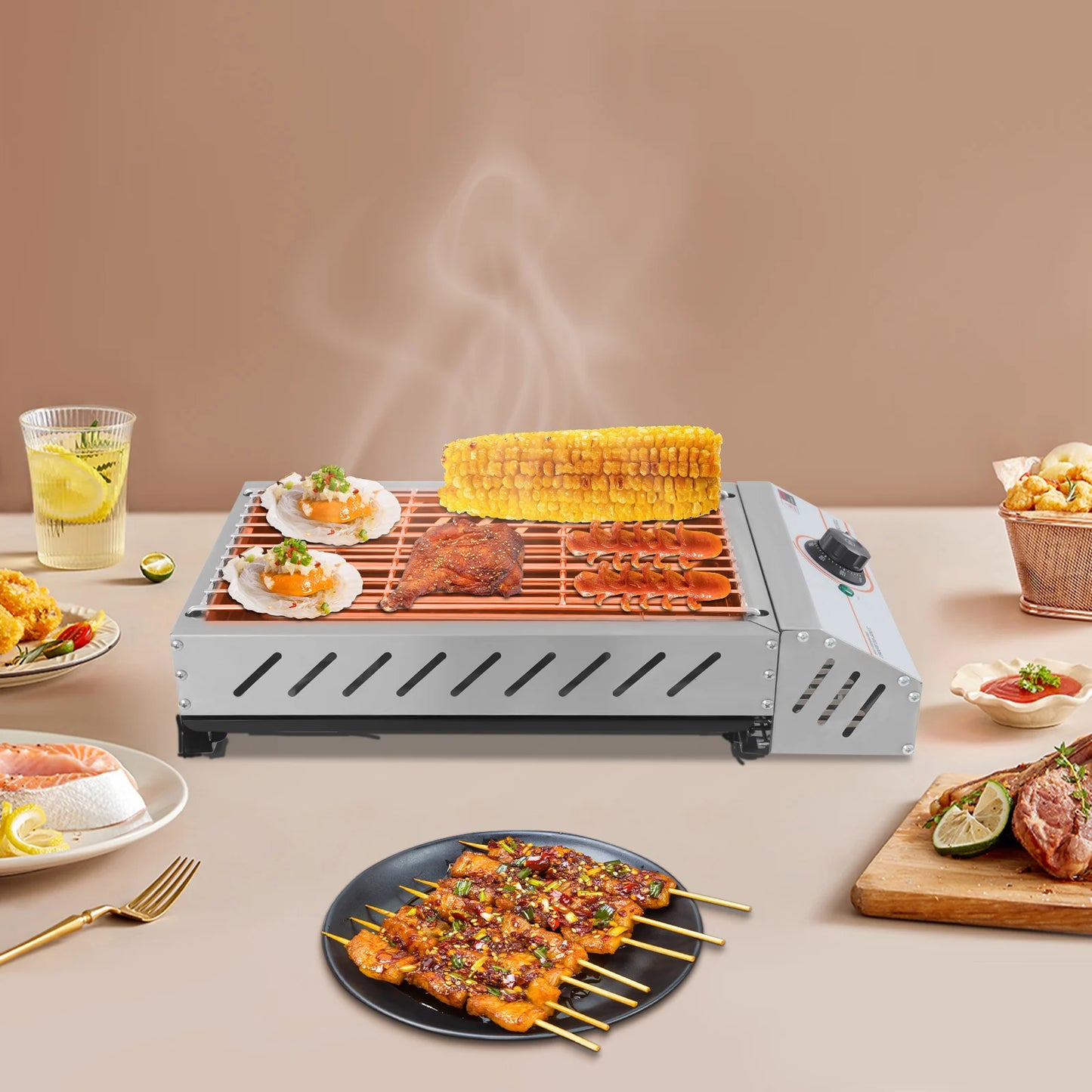 1800W Stainless Steel Electric Tabletop Grill with Adjustable Temperature Control