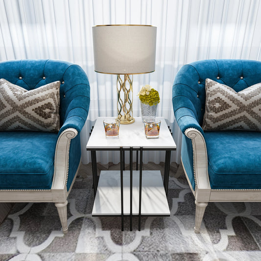 Two-Tier Marble Side Table With Modern Metal Frame