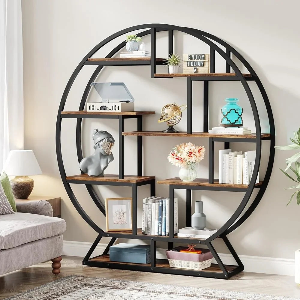 Industrial Round Bookshelf With Staggered Shelves Etagere
